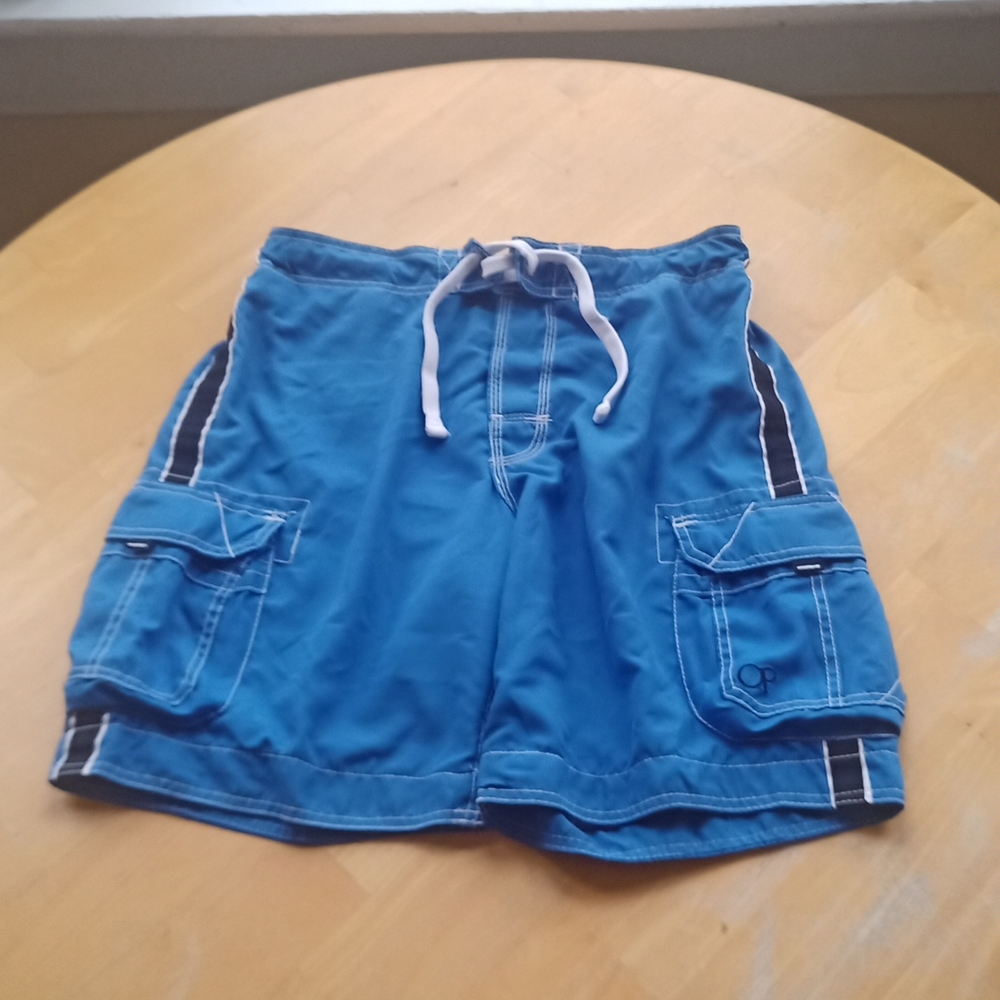 Medium Ocean Pacific black stripe blue swim trunks